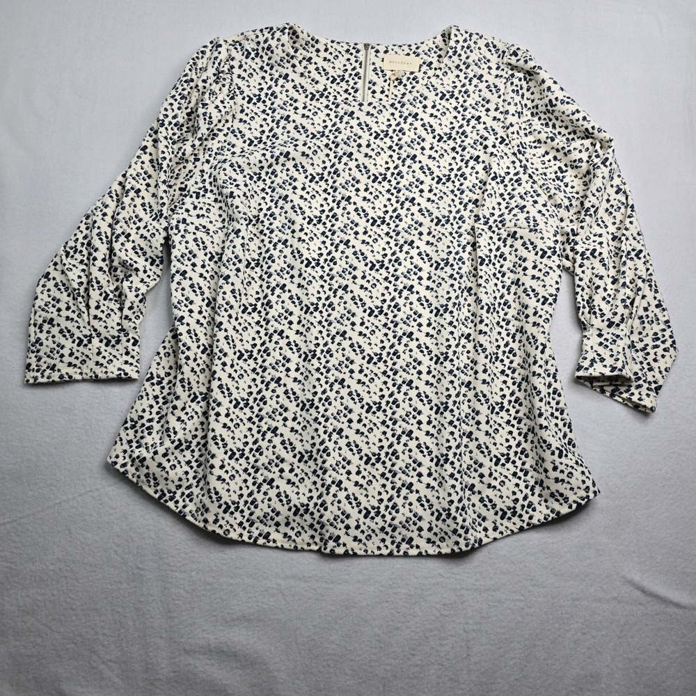 Melloday 3X Cream and‎ Black dot spot Print 3/4 Sleeve Blouse Top puff sleeve